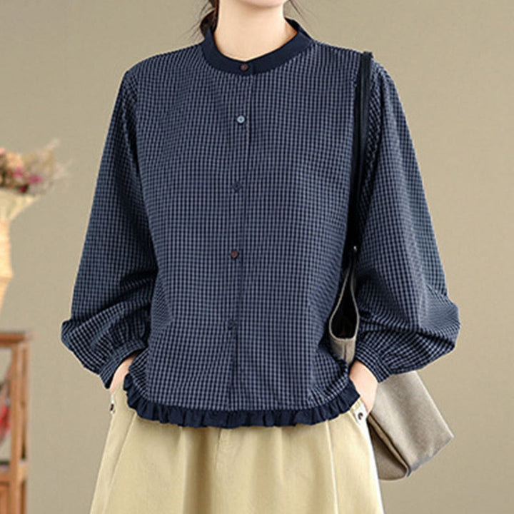 Camicia da donna in cotone a maniche lunghe con bottoni, motivo a quadri autunnali Buddha Stones, motivo a righe - image 5