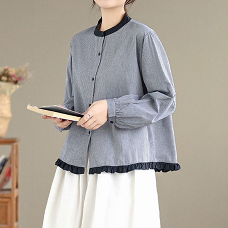 Camicia da donna in cotone a maniche lunghe con bottoni, motivo a quadri autunnali Buddha Stones, motivo a righe - image 12