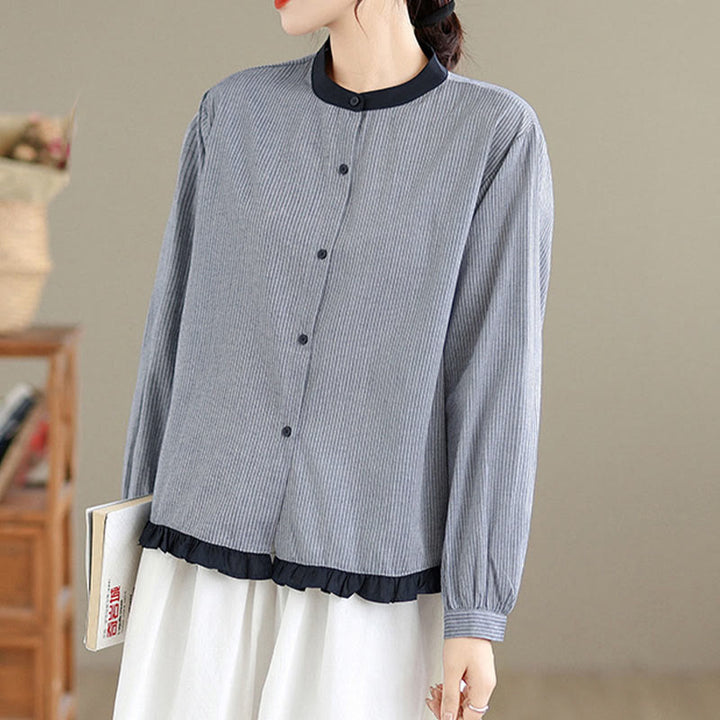 Camicia da donna in cotone a maniche lunghe con bottoni, motivo a quadri autunnali Buddha Stones, motivo a righe - image 8