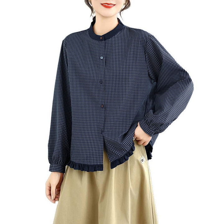 Camicia da donna in cotone a maniche lunghe con bottoni, motivo a quadri autunnali Buddha Stones, motivo a righe - image 6