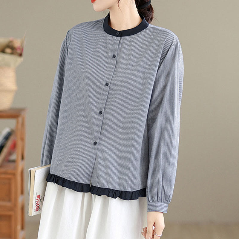 Camicia da donna in cotone a maniche lunghe con bottoni, motivo a quadri autunnali Buddha Stones, motivo a righe - image 8