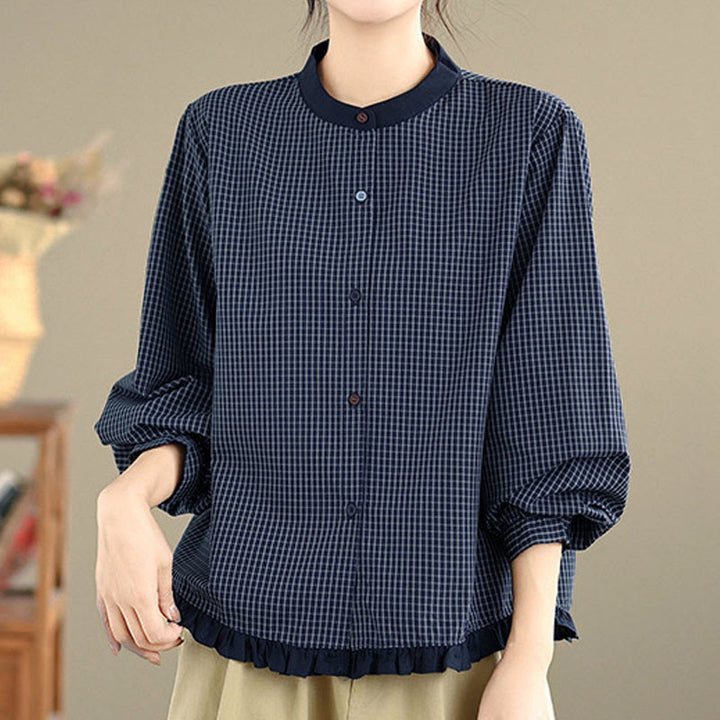 Camicia da donna in cotone a maniche lunghe con bottoni, motivo a quadri autunnali Buddha Stones, motivo a righe - image 2