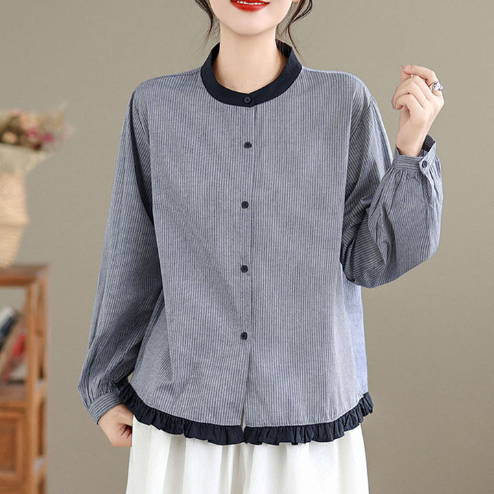 Camicia da donna in cotone a maniche lunghe con bottoni, motivo a quadri autunnali Buddha Stones, motivo a righe - image 9