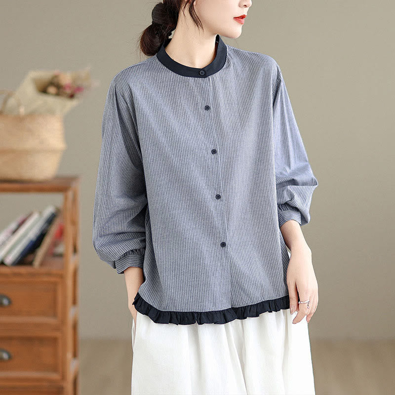 Camicia da donna in cotone a maniche lunghe con bottoni, motivo a quadri autunnali Buddha Stones, motivo a righe - Strisce argentate - US8-10, UK/AU12-14, EU40-42 (2XL) - image 7