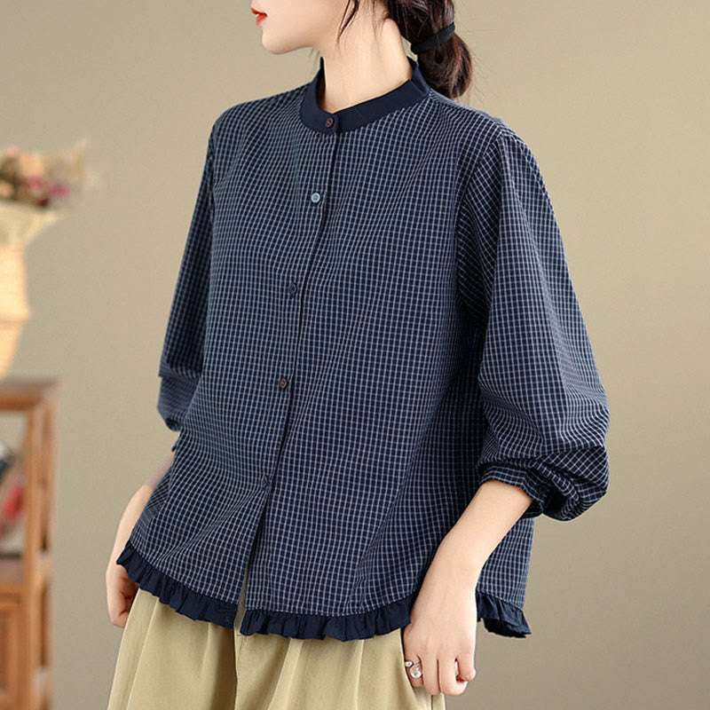 Camicia da donna in cotone a maniche lunghe con bottoni, motivo a quadri autunnali Buddha Stones, motivo a righe - image 1