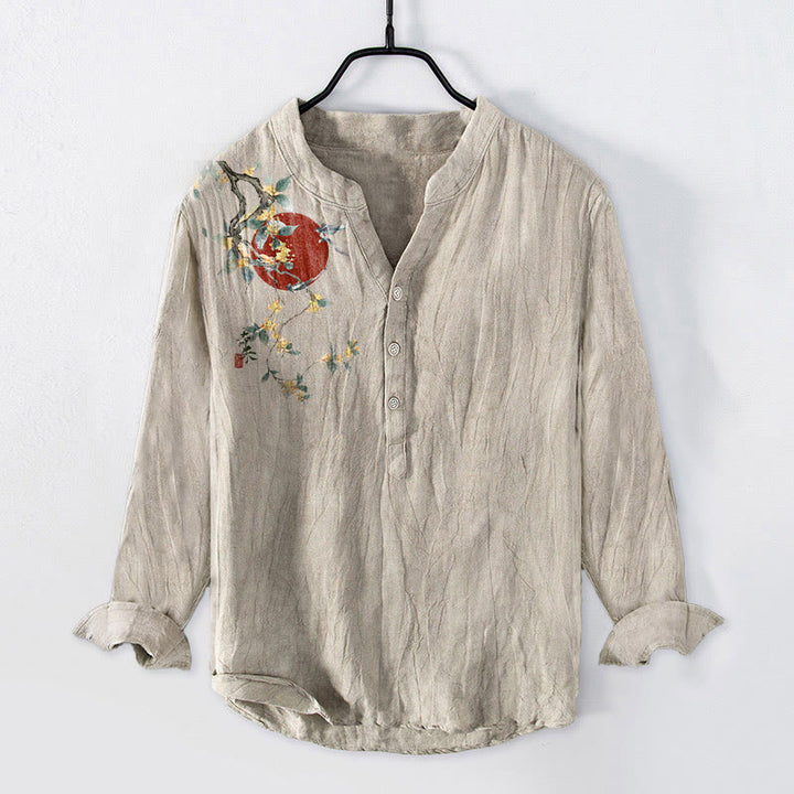 Camicia da uomo in cotone e lino a maniche lunghe con bottoni mezzi, motivo sole rosso e Buddha Stones - Biancheria - US/UK/AU50, EU60 (5XL) - image 0