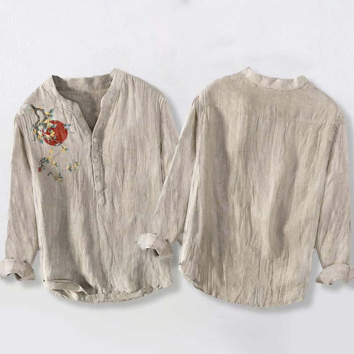 Camicia da uomo in cotone e lino a maniche lunghe con bottoni mezzi, motivo sole rosso e Buddha Stones - image 2