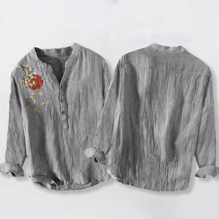 Camicia da uomo in cotone e lino a maniche lunghe con bottoni mezzi, motivo sole rosso e Buddha Stones - image 5