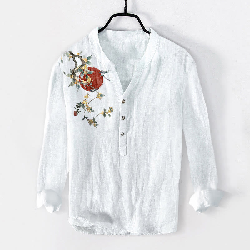 Camicia da uomo in cotone e lino a maniche lunghe con bottoni mezzi, motivo sole rosso e Buddha Stones - Bianco - US/UK/AU50, EU60 (5XL) - image 6