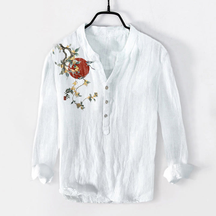 Camicia da uomo in cotone e lino a maniche lunghe con bottoni mezzi, motivo sole rosso e Buddha Stones - Bianco - US/UK/AU50, EU60 (5XL) - image 6