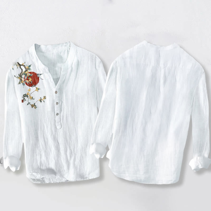 Camicia da uomo in cotone e lino a maniche lunghe con bottoni mezzi, motivo sole rosso e Buddha Stones - image 8