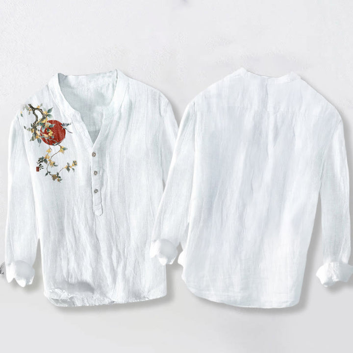 Camicia da uomo in cotone e lino a maniche lunghe con bottoni mezzi, motivo sole rosso e Buddha Stones - image 8