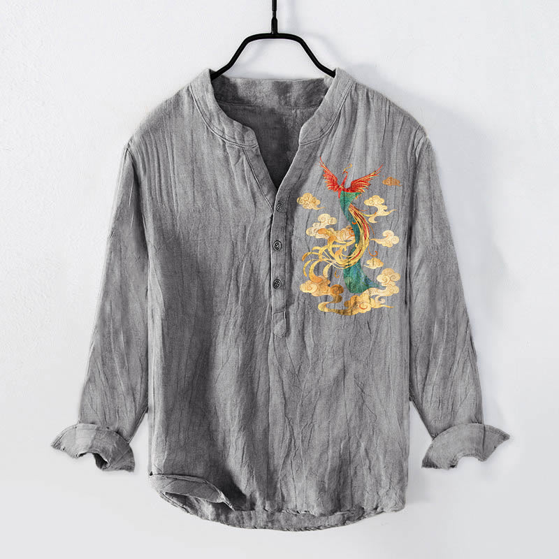 Camicia da uomo in cotone e lino a maniche lunghe con motivo a nuvola e fenice brillante Buddha Stones - Grigio - US/UK/AU50, EU60 (5XL) - image 0