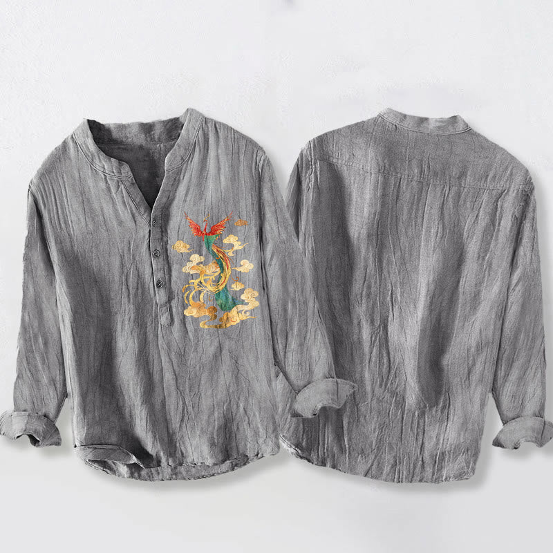 Camicia da uomo in cotone e lino a maniche lunghe con motivo a nuvola e fenice brillante Buddha Stones - image 2