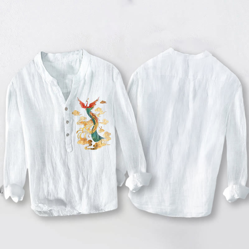 Camicia da uomo in cotone e lino a maniche lunghe con motivo a nuvola e fenice brillante Buddha Stones - image 8