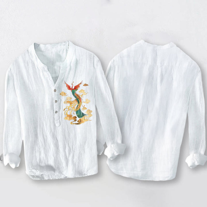 Camicia da uomo in cotone e lino a maniche lunghe con motivo a nuvola e fenice brillante Buddha Stones - image 8