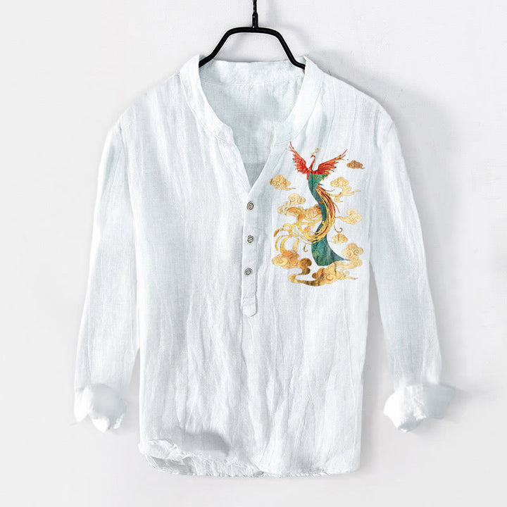 Camicia da uomo in cotone e lino a maniche lunghe con motivo a nuvola e fenice brillante Buddha Stones - Bianco - US/UK/AU50, EU60 (5XL) - image 6