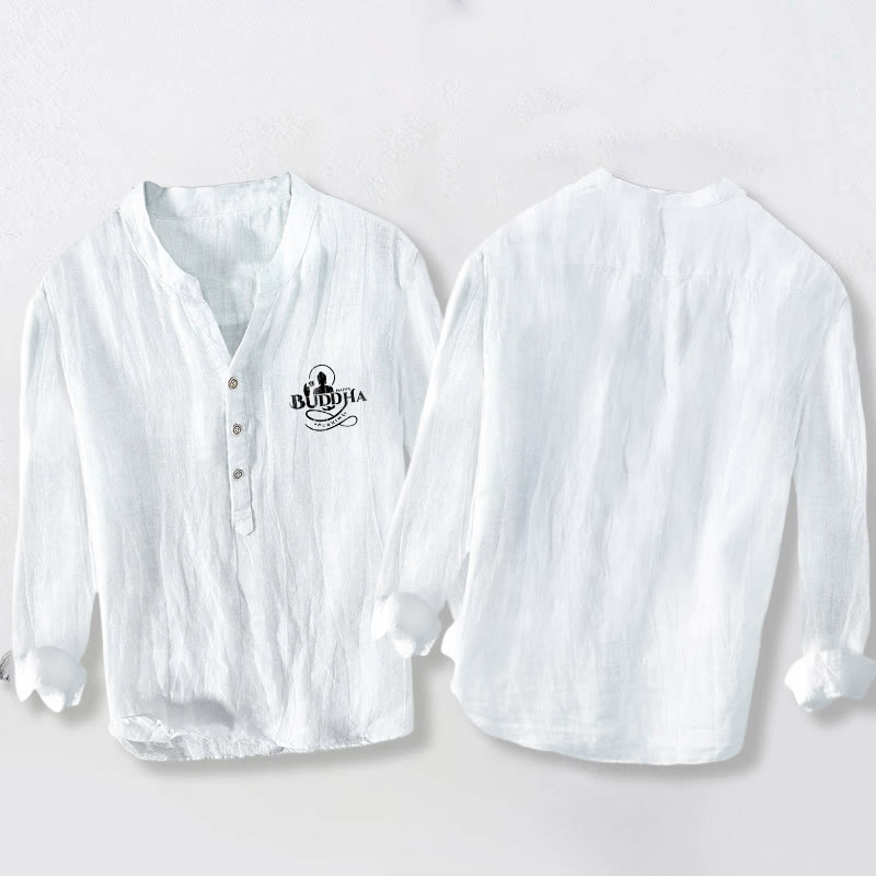 Camicia da uomo in cotone e lino a maniche lunghe con motivo a loto, immagine Buddha Stones Buddha e bottoni mezzi - image 5