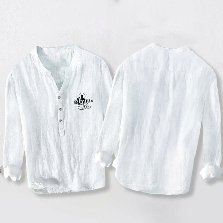 Camicia da uomo in cotone e lino a maniche lunghe con motivo a loto, immagine Buddha Stones Buddha e bottoni mezzi - image 5