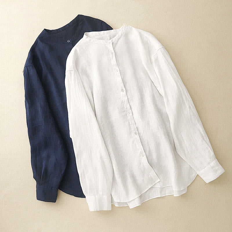 Camicia da donna in cotone a maniche lunghe con scollo rotondo e bottoni, tinta unita, motivo Buddha Stones - image 16