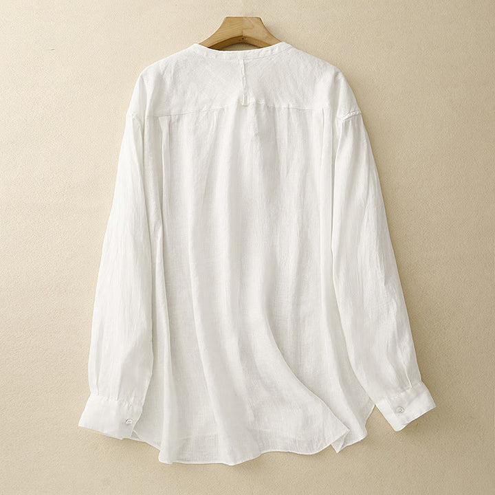 Camicia da donna in cotone a maniche lunghe con scollo rotondo e bottoni, tinta unita, motivo Buddha Stones - image 8