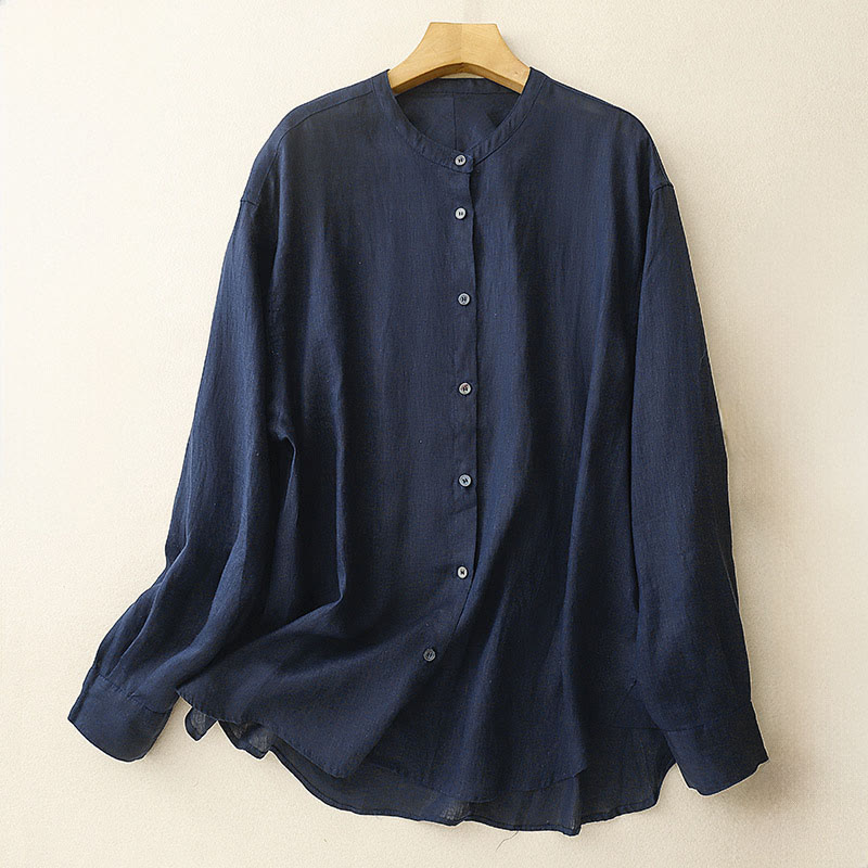 Camicia da donna in cotone a maniche lunghe con scollo rotondo e bottoni, tinta unita, motivo Buddha Stones - Blu notte - US8-10, UK/AU12-14, EU40-42 (2XL) - image 0
