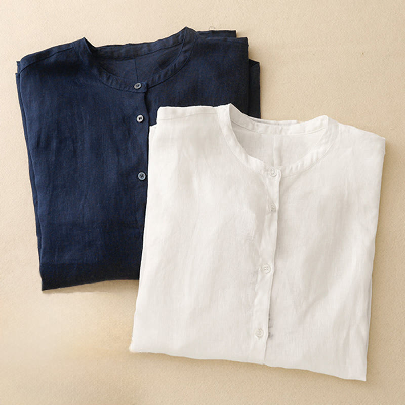 Camicia da donna in cotone a maniche lunghe con scollo rotondo e bottoni, tinta unita, motivo Buddha Stones - image 17