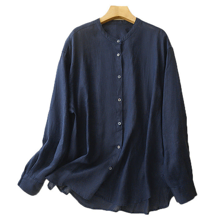 Camicia da donna in cotone a maniche lunghe con scollo rotondo e bottoni, tinta unita, motivo Buddha Stones - image 6