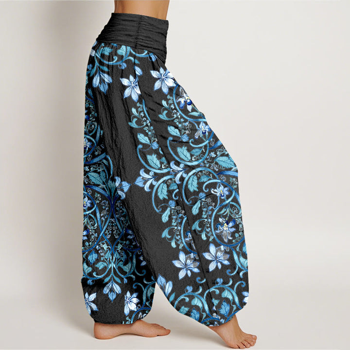 Pantaloni harem da donna con elastico in vita, in cotone, con motivo simmetrico di fiori e foglie, motivo Buddha Stones - image 2
