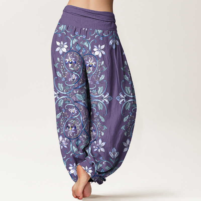 Pantaloni harem da donna con elastico in vita, in cotone, con motivo simmetrico di fiori e foglie, motivo Buddha Stones - image 6
