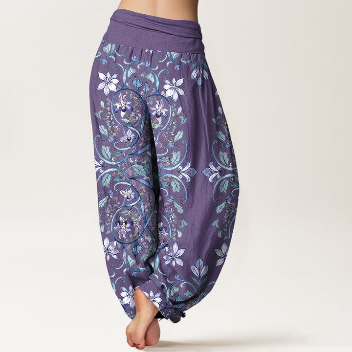 Pantaloni harem da donna con elastico in vita, in cotone, con motivo simmetrico di fiori e foglie, motivo Buddha Stones - image 6