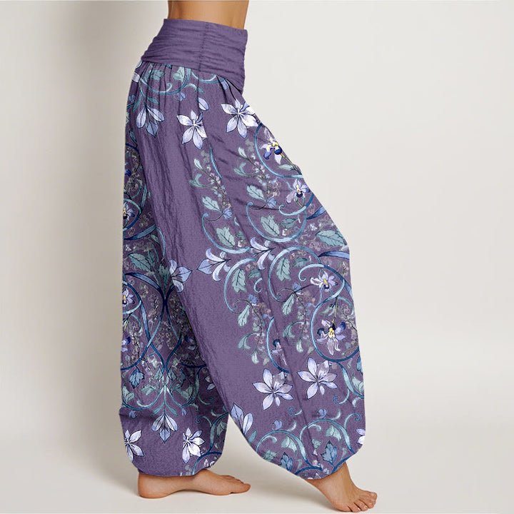Pantaloni harem da donna con elastico in vita, in cotone, con motivo simmetrico di fiori e foglie, motivo Buddha Stones - image 7