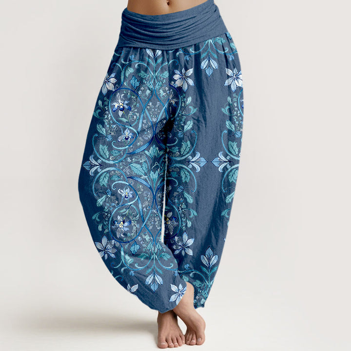 Pantaloni harem da donna con elastico in vita, in cotone, con motivo simmetrico di fiori e foglie, motivo Buddha Stones - Blu Reale - US16, UK/AU20, EU48 (3XL) - image 8