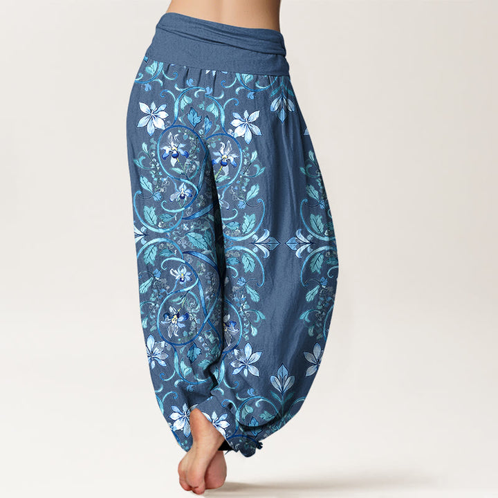 Pantaloni harem da donna con elastico in vita, in cotone, con motivo simmetrico di fiori e foglie, motivo Buddha Stones - image 9
