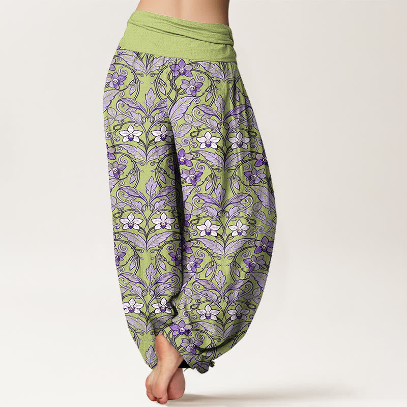Pantaloni harem da donna con elastico in vita, in cotone, a forma di stella, con motivo a fiori e foglie, motivo Buddha Stones - image 1