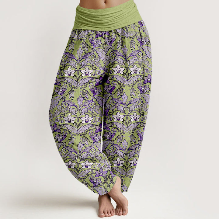 Pantaloni harem da donna con elastico in vita, in cotone, a forma di stella, con motivo a fiori e foglie, motivo Buddha Stones - GialloVerde - US16, UK/AU20, EU48 (3XL) - image 0