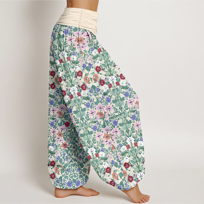 Pantaloni harem da donna con elastico in vita, in cotone, con motivo a fiori e foglie, dai colori tenui , Buddha Stones - image 2