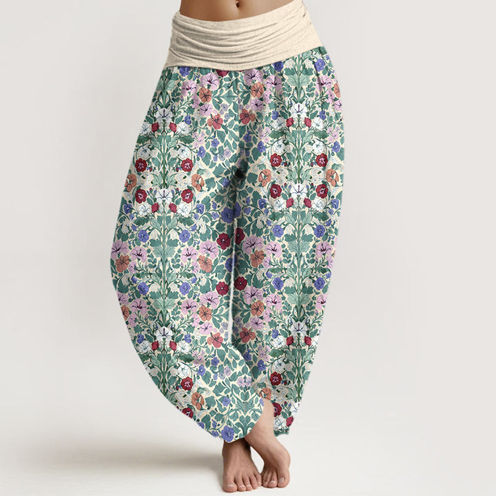 Pantaloni harem da donna con elastico in vita, in cotone, con motivo a fiori e foglie, dai colori tenui , Buddha Stones - Verga d'oro chiaraGiallo - US16, UK/AU20, EU48 (3XL) - image 0