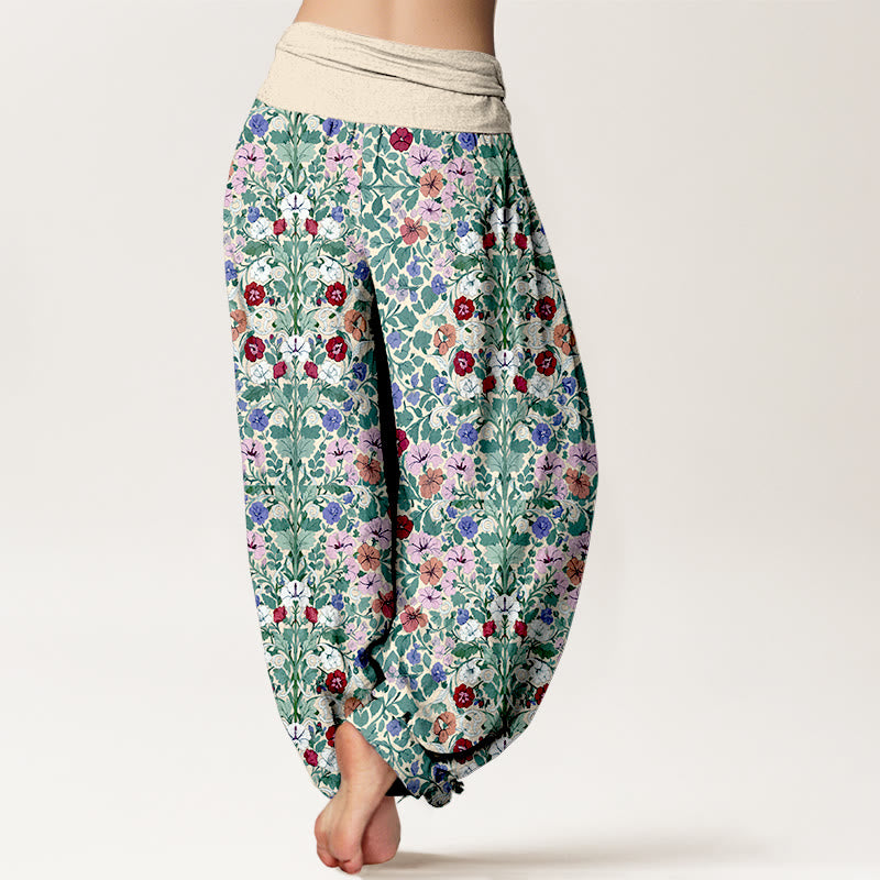 Pantaloni harem da donna con elastico in vita, in cotone, con motivo a fiori e foglie, dai colori tenui , Buddha Stones - image 1