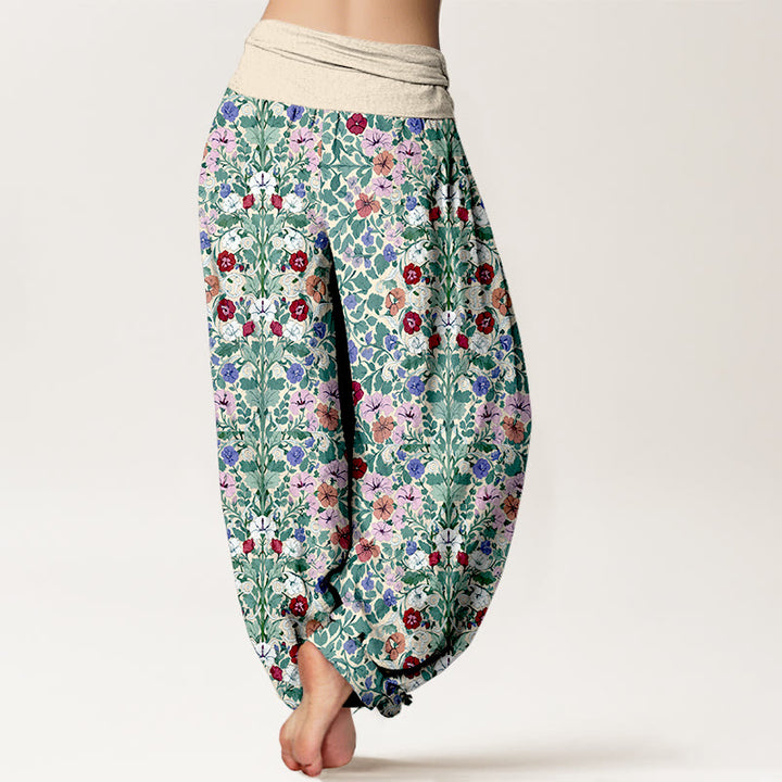 Pantaloni harem da donna con elastico in vita, in cotone, con motivo a fiori e foglie, dai colori tenui , Buddha Stones - image 1