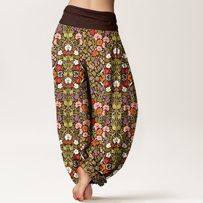 Pantaloni harem da donna con elastico in vita, in cotone, con motivo a fiori e foglie, dai colori tenui , Buddha Stones - image 6