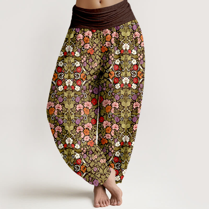 Pantaloni harem da donna con elastico in vita, in cotone, con motivo a fiori e foglie, dai colori tenui , Buddha Stones - Marrone sella - US16, UK/AU20, EU48 (3XL) - image 5