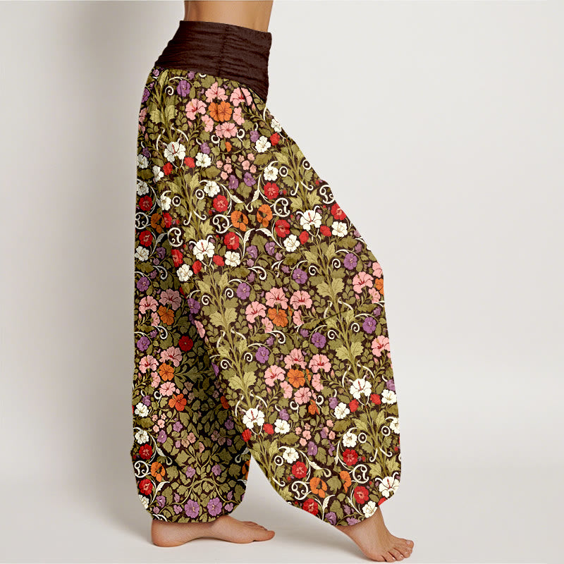 Pantaloni harem da donna con elastico in vita, in cotone, con motivo a fiori e foglie, dai colori tenui , Buddha Stones - image 7