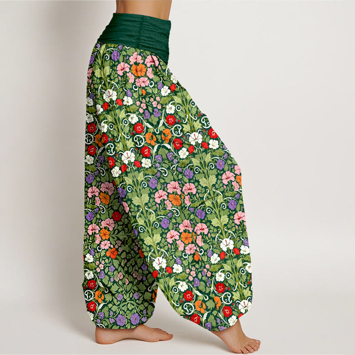 Pantaloni harem da donna con elastico in vita, in cotone, con motivo a fiori e foglie, dai colori tenui , Buddha Stones - image 10