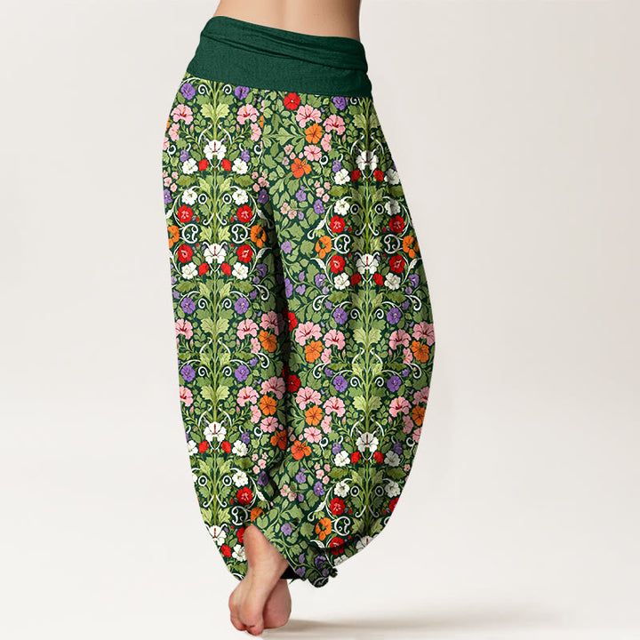 Pantaloni harem da donna con elastico in vita, in cotone, con motivo a fiori e foglie, dai colori tenui , Buddha Stones - image 9