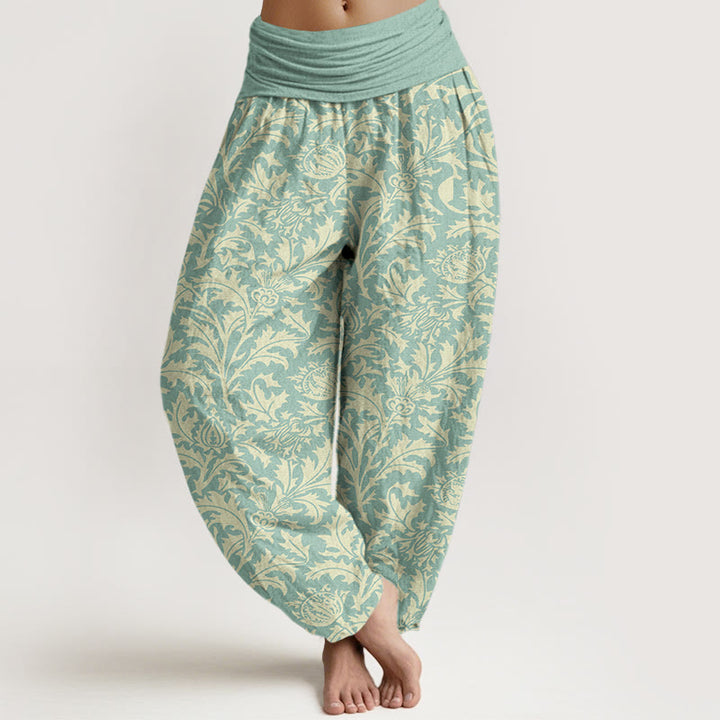 Pantaloni harem da donna con elastico in vita, motivo Buddha Stones, fiori di cotone, boccioli e foglie seghettate - Turchese - US16, UK/AU20, EU48 (3XL) - image 0