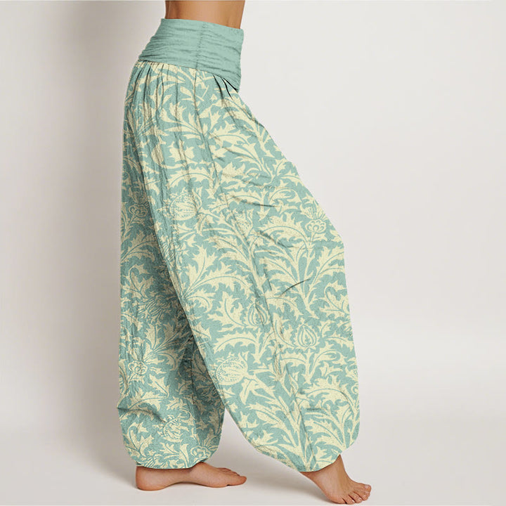Pantaloni harem da donna con elastico in vita, motivo Buddha Stones, fiori di cotone, boccioli e foglie seghettate - image 2