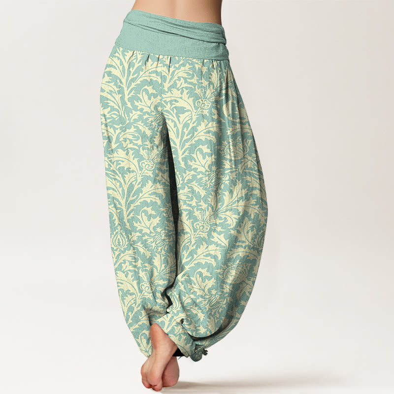 Pantaloni harem da donna con elastico in vita, motivo Buddha Stones, fiori di cotone, boccioli e foglie seghettate - image 1