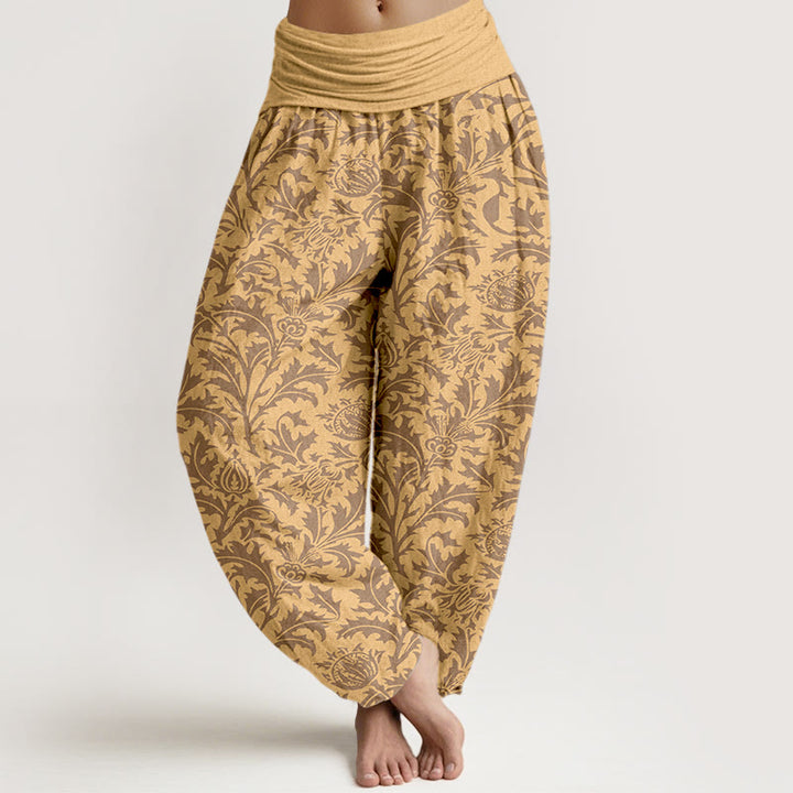 Pantaloni harem da donna con elastico in vita, motivo Buddha Stones, fiori di cotone, boccioli e foglie seghettate - SandyBrown - US16, UK/AU20, EU48 (3XL) - image 5