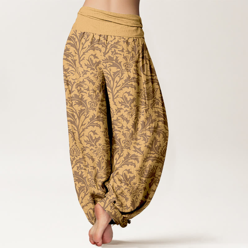 Pantaloni harem da donna con elastico in vita, motivo Buddha Stones, fiori di cotone, boccioli e foglie seghettate - image 6
